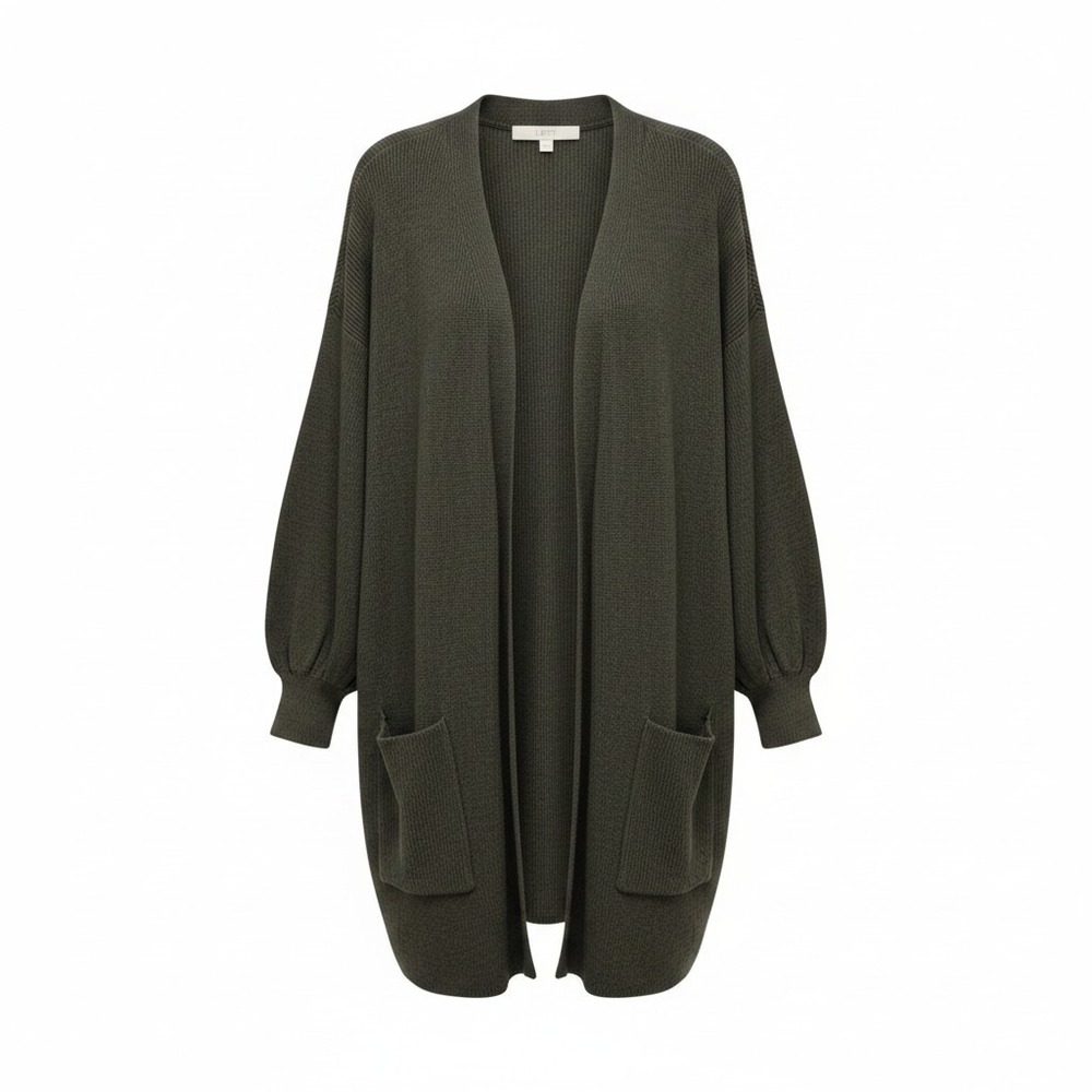 LOFT Womens LP Olive Green Open Front Cardigan Sweater Draped Longline Boho Cozy